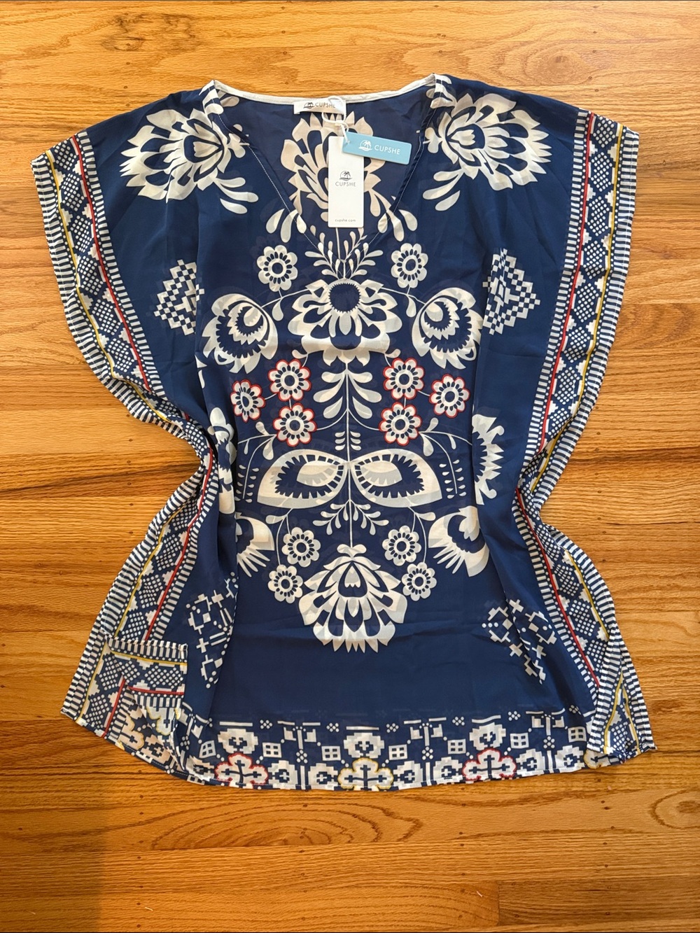 Cupshe Navy Floral Print Tunic with White and Red Accents